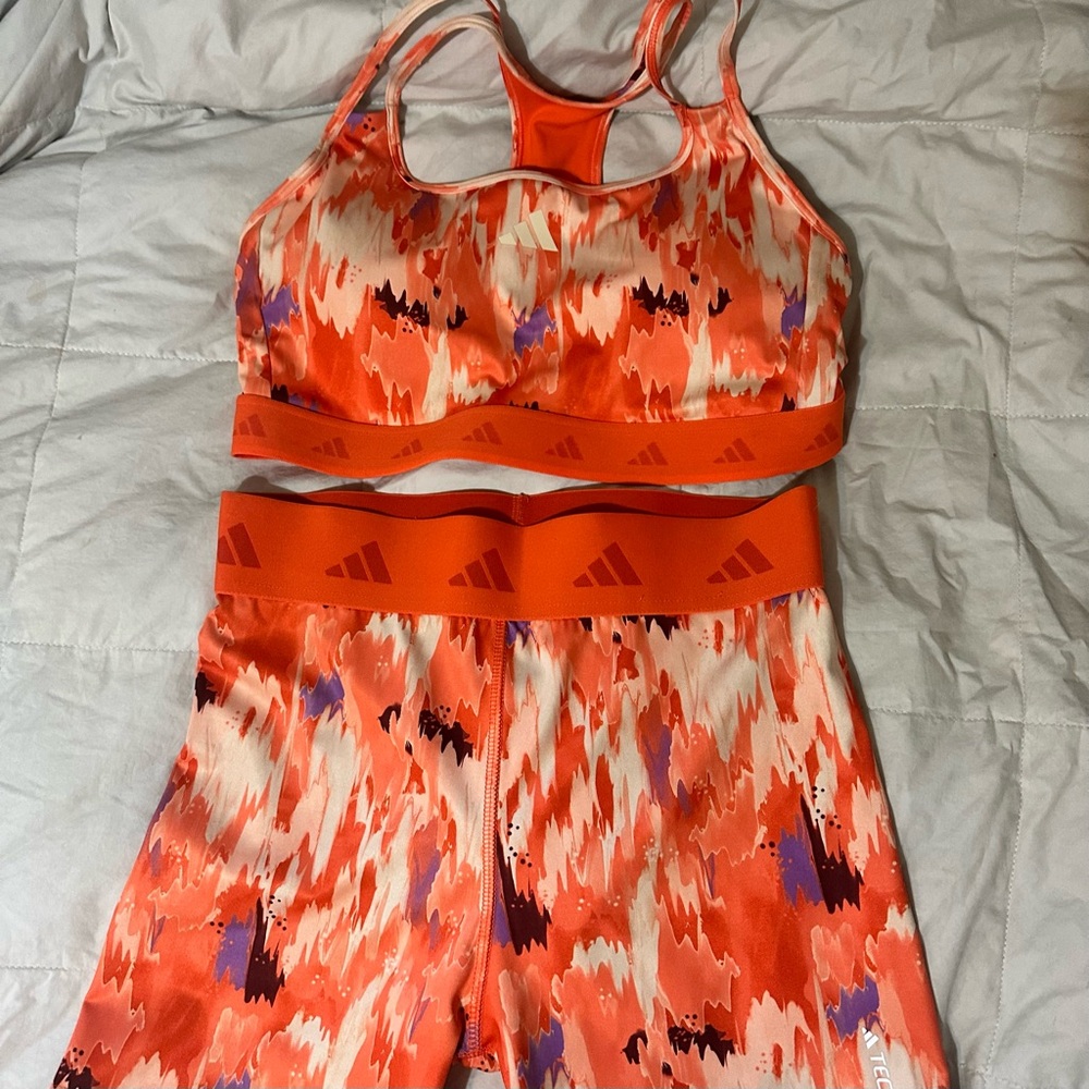Adidas Orange Patterned Sports Bra and Shorts Set